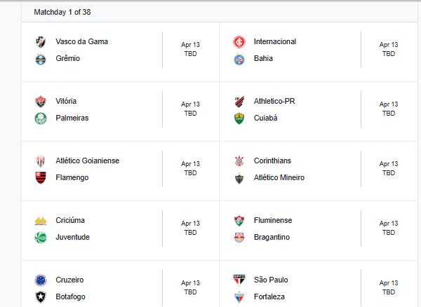 calendário de jogos da série a brasileira match day 1